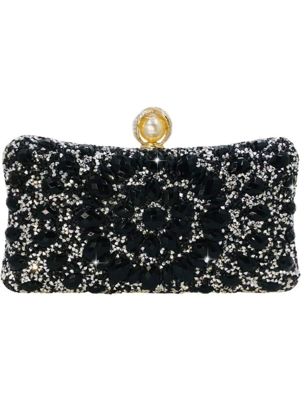 Women's Solid Black Pearl Rhinestone Clutch Evening Bag Wedding Crystal Handbag